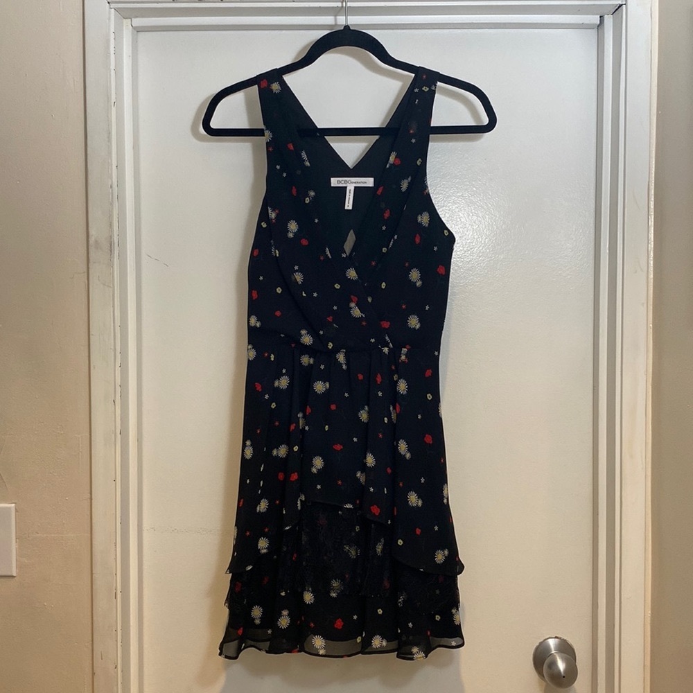 BCBGeneration Black Floral Daisy Print Lace Dress
